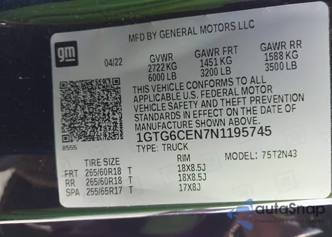 2022 GMC Canyon 4Wd Short Box Elevation from USA, damaged, VIN 1GTG6CEN7N1195745